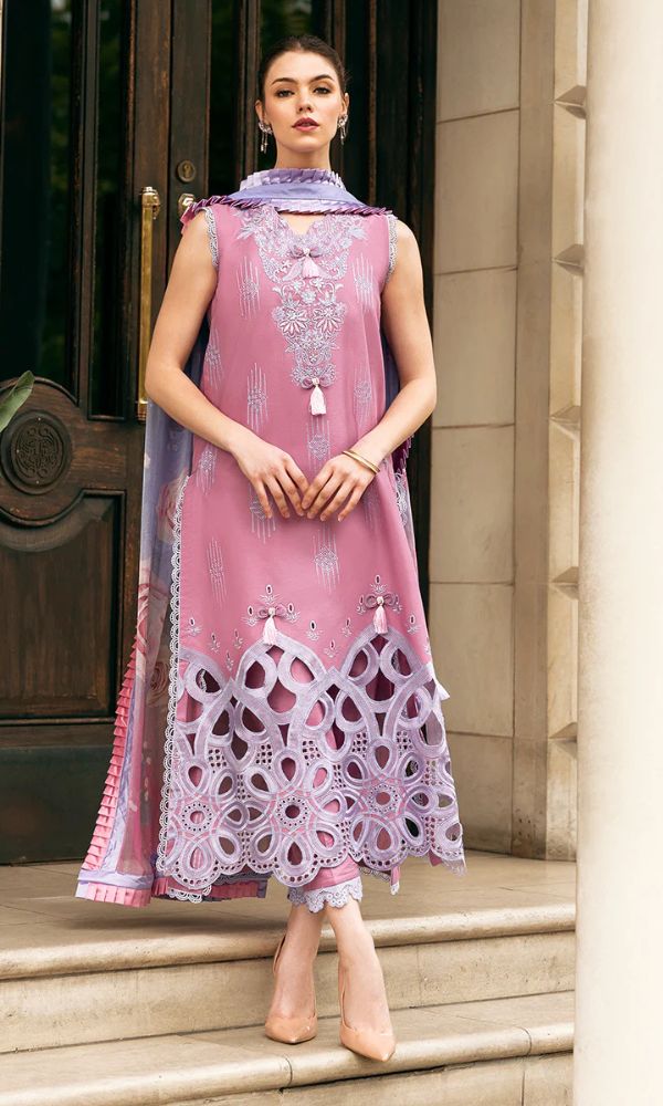 Lawn 3pc unstitched chiken kari embroidered suit with poly lawn digital printed dupatta