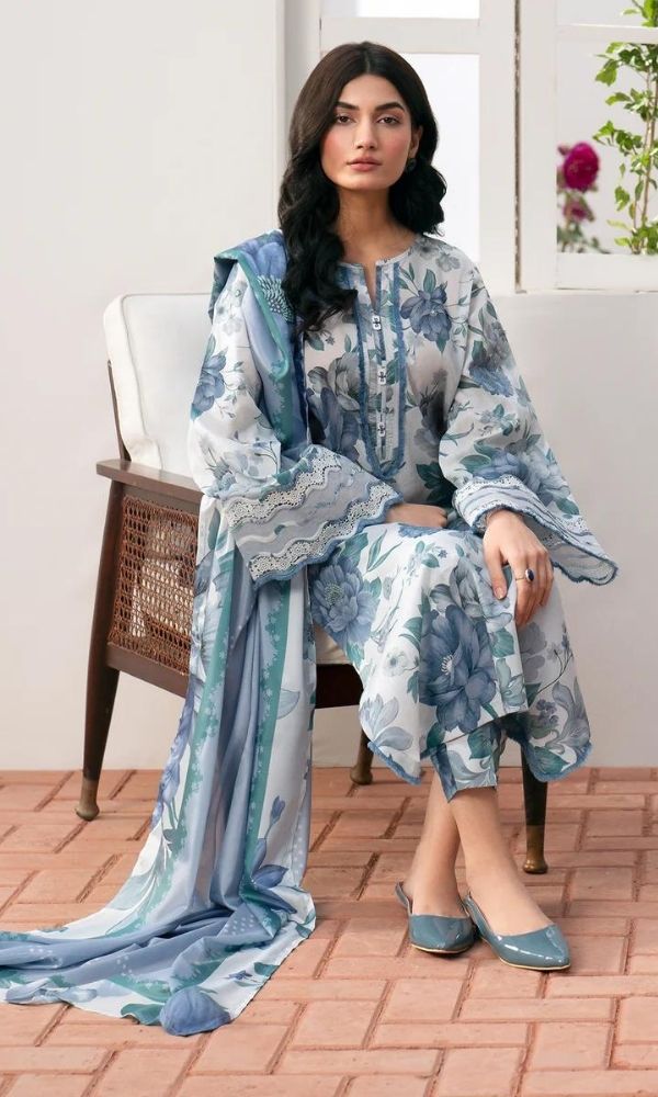 Lawn 3pc unstitched suit with monar printed dupatta