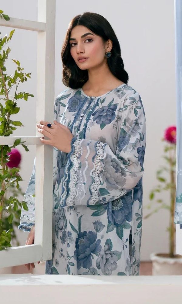 Lawn 3pc unstitched suit with monar printed dupatta