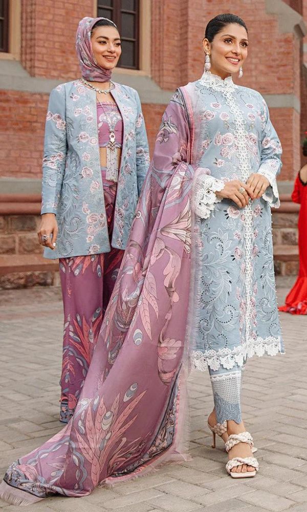 Lawn 3pc heavy embroidered suit with silk printed dupatta