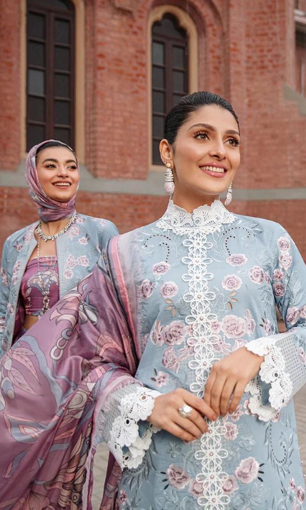 Lawn 3pc heavy embroidered suit with silk printed dupatta
