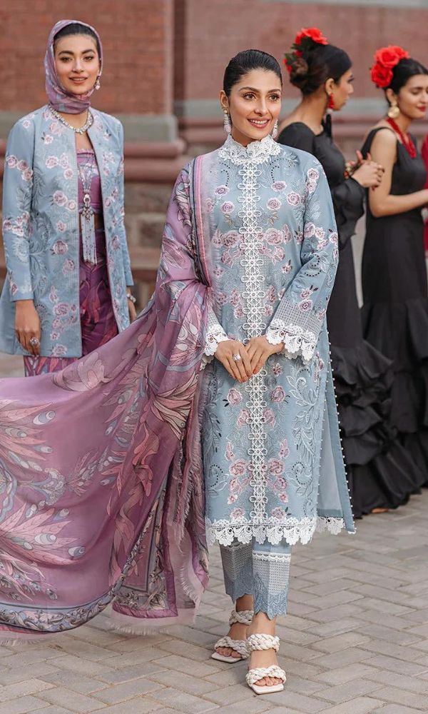 Lawn 3pc heavy embroidered suit with silk printed dupatta