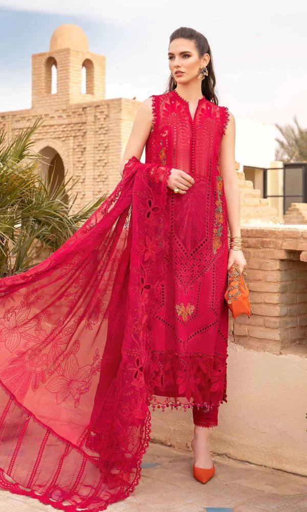 Lawn chiken kari boring fully embroidered suit with pallu patches