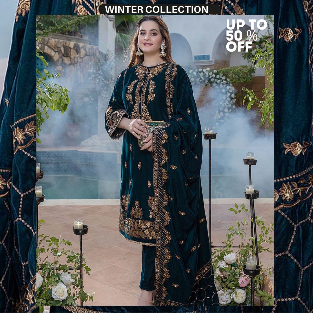 Velvet 3pc unstitched sequence embroidered shirt with velvet embroidered shawl