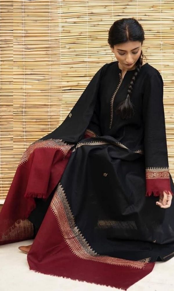 Dhanak 3pc unstitched suit with neckline and trouser patches