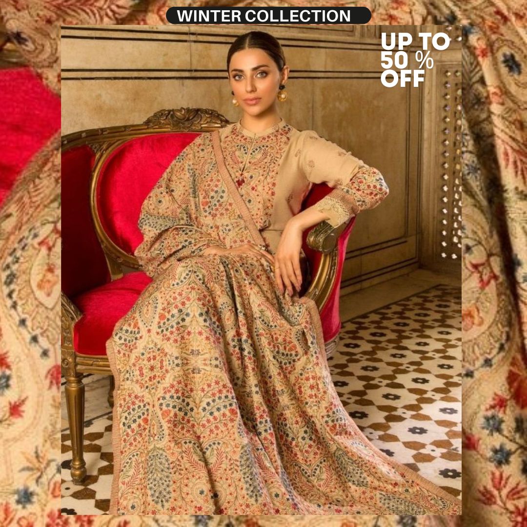 Dhanak unstitched 3pc heavy embroidered shirt with heavy embroidered shawl