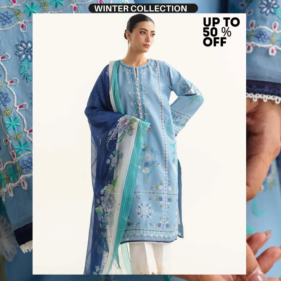 Dhanak 3pc embroidered suit with silk organza dupatta with patches