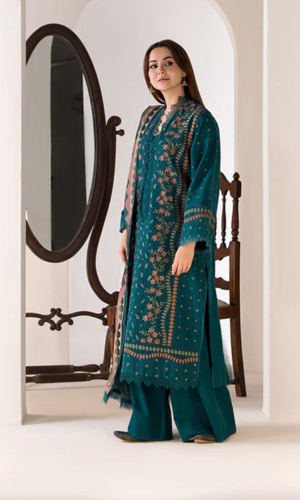 Lawn 3pc unstitched heavy embroidered suit with poly lawn digital printed dupatta
