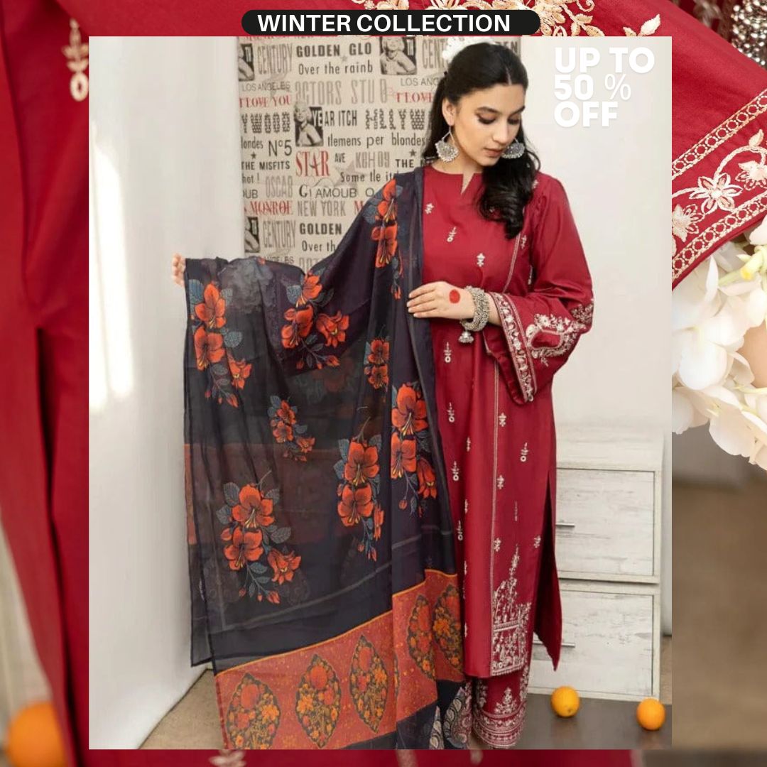 Dhanak 3pc unstitch heavy embroidered suit with poly woolen shawl