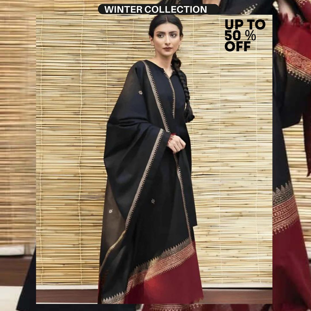 Dhanak 3pc unstitched suit with neckline and trouser patches