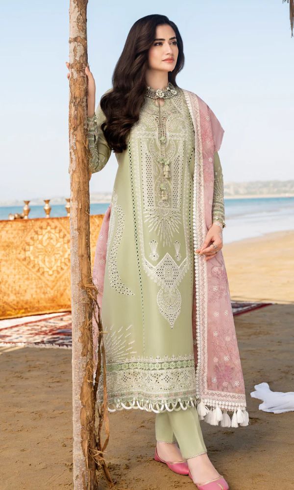 Lawn 3pc unstitched chiken kari heavy embroidered suit with poly lawn digital printed dupatta
