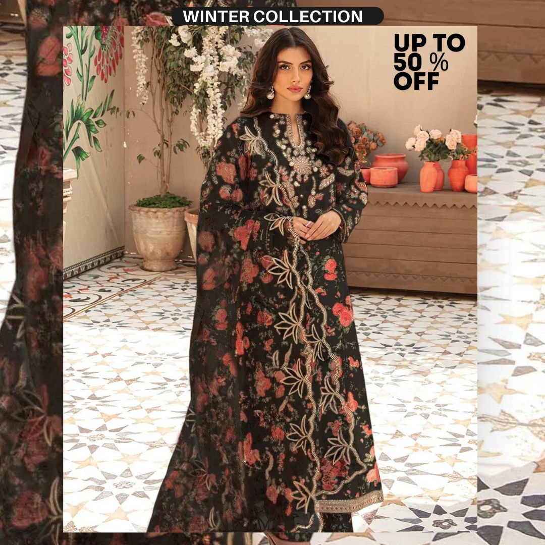 Khaddar 3pc unstitched digital printed suit with patches