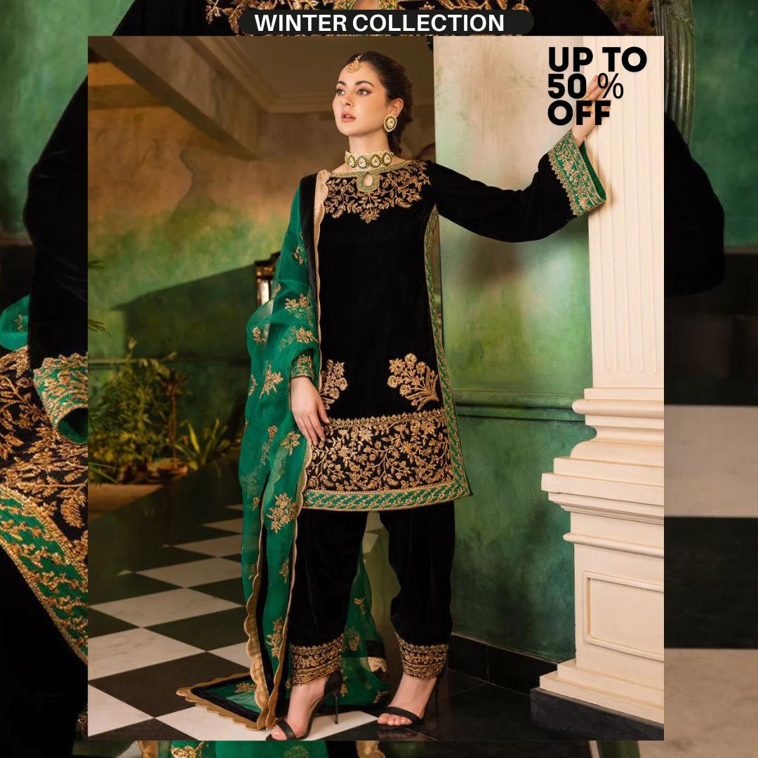 3pc VELVET unstitched heavy embroidered shirt with embroidered trouser patches