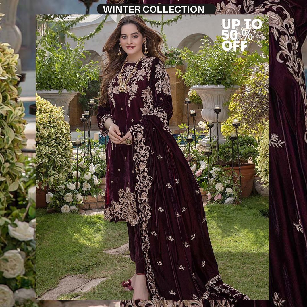 Velvet 3pc sequence embroidered shirt with velvet embroidered shawl