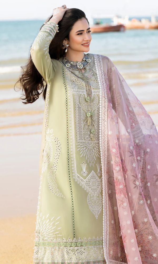 Lawn 3pc unstitched chiken kari heavy embroidered suit with poly lawn digital printed dupatta