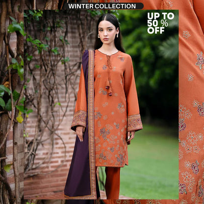 Dhanak 3pc unstitched embroidered suit with embroidered shawl