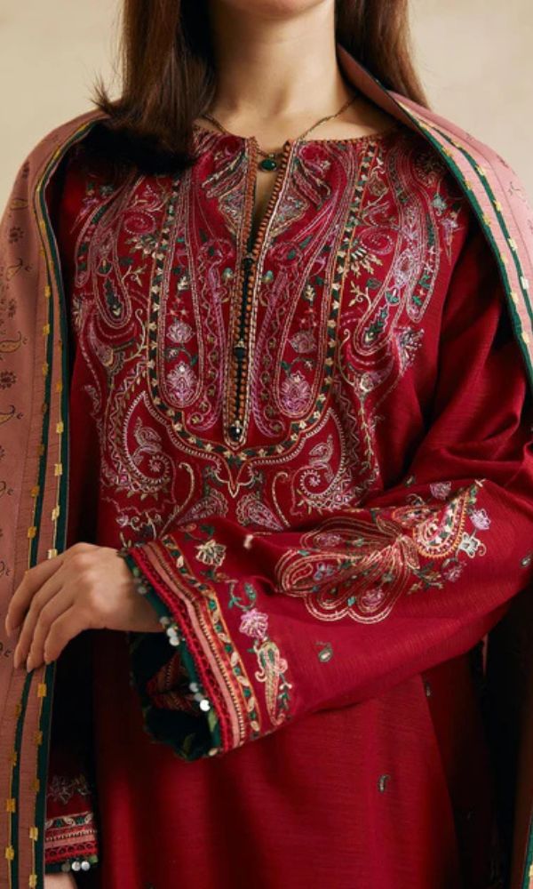 Dhanak 3pc unstitched heavy embroidered suit with embroidered shawl