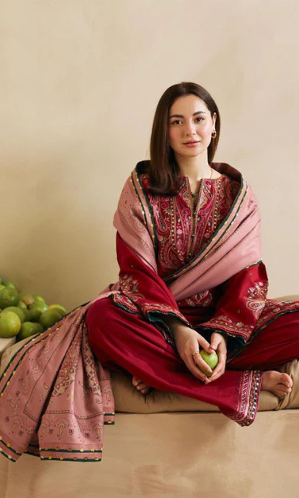 Dhanak 3pc unstitched heavy embroidered suit with embroidered shawl
