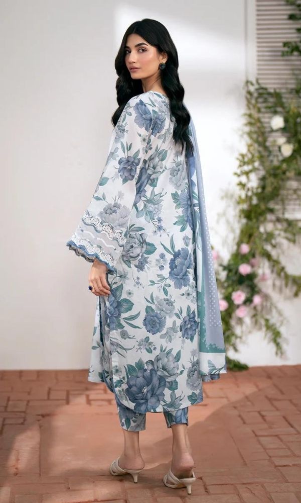 Lawn 3pc unstitched suit with monar printed dupatta