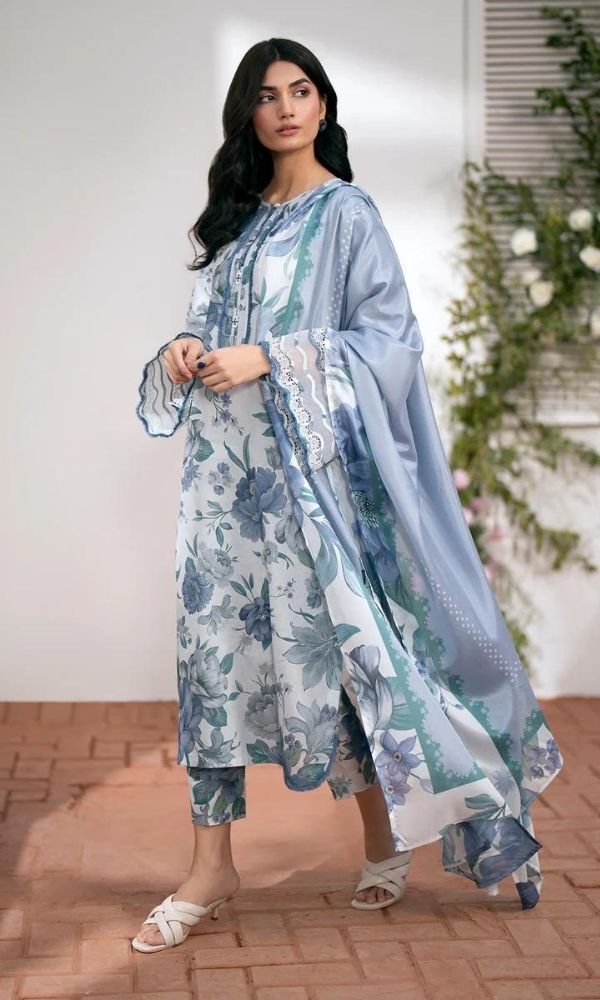 Lawn 3pc unstitched suit with monar printed dupatta