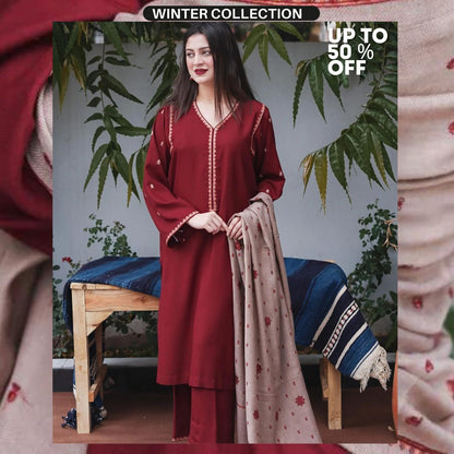 Dhanak 3pc unstitched shirt embroidered sleeves and dhanak embroidered shawl