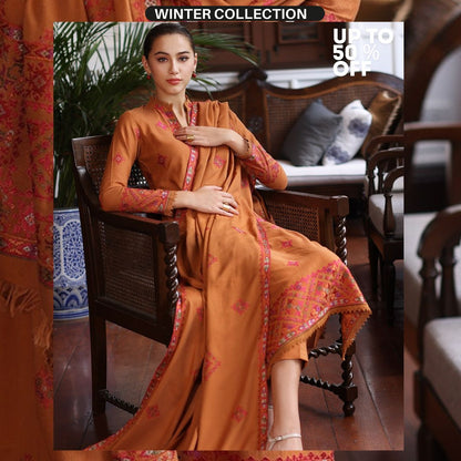 Dhanak 3pc unstitched fully embroidered suit with heavy embroidered shawl and patches