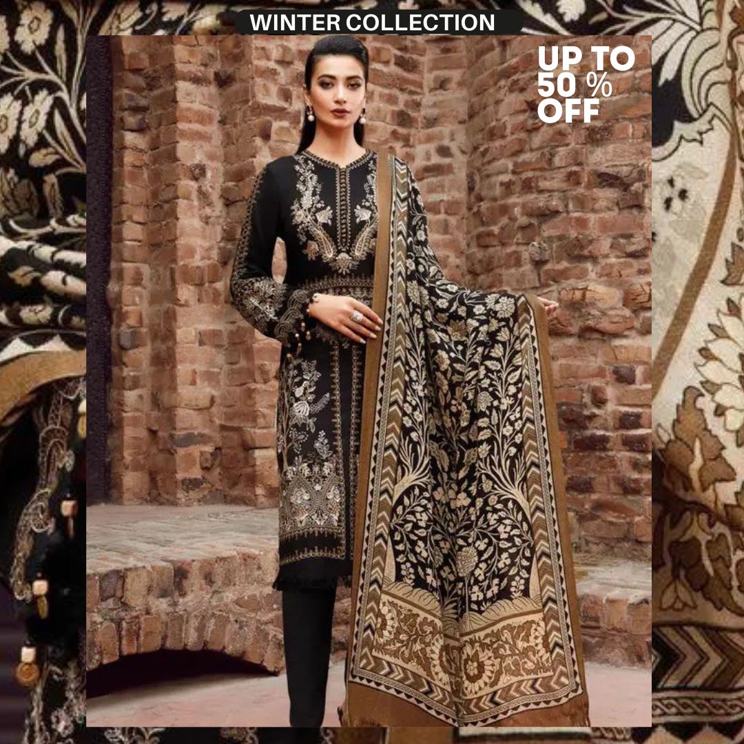 Dhanak 3pc unstitched embroidered suit with printed wool shawl