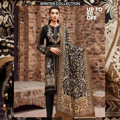 Dhanak 3pc unstitched embroidered suit with printed wool shawl