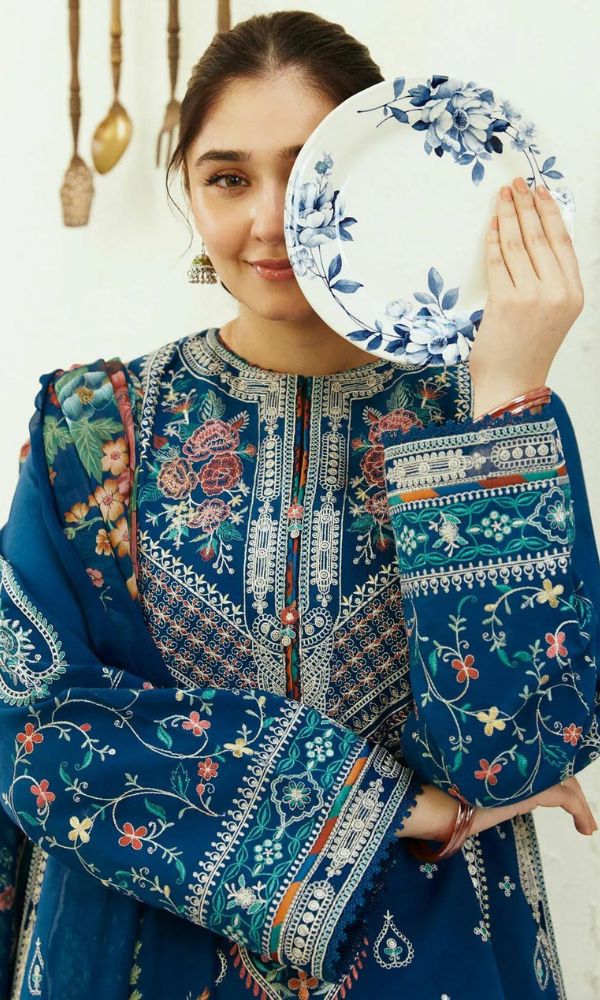 Lawn 3pc heavy embroidery suit with silk printed dupatta and embroidered trouser