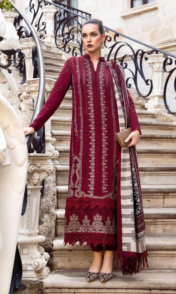 Lawn unstitched 3c heavy Embroidered suit with silk dupatta