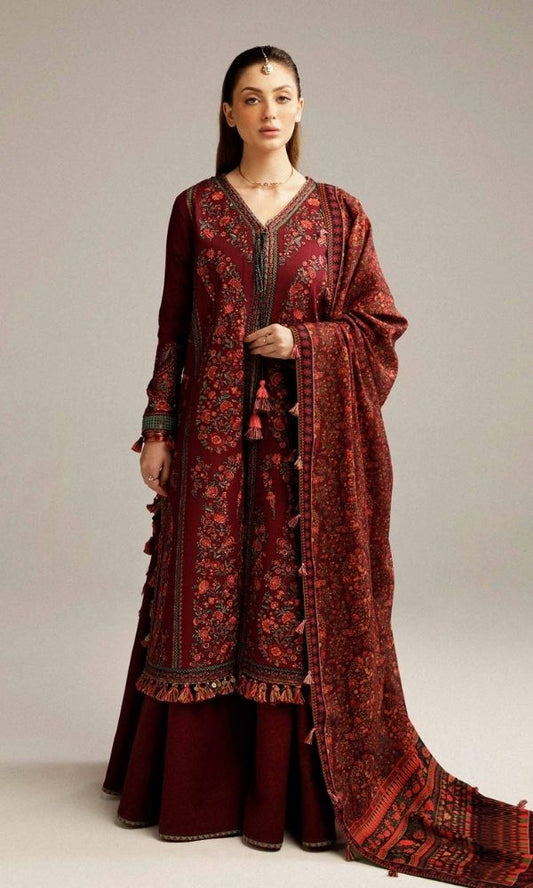 Dhanak 3pc unstitched heavy embroidered suit with digital printed wool shawl