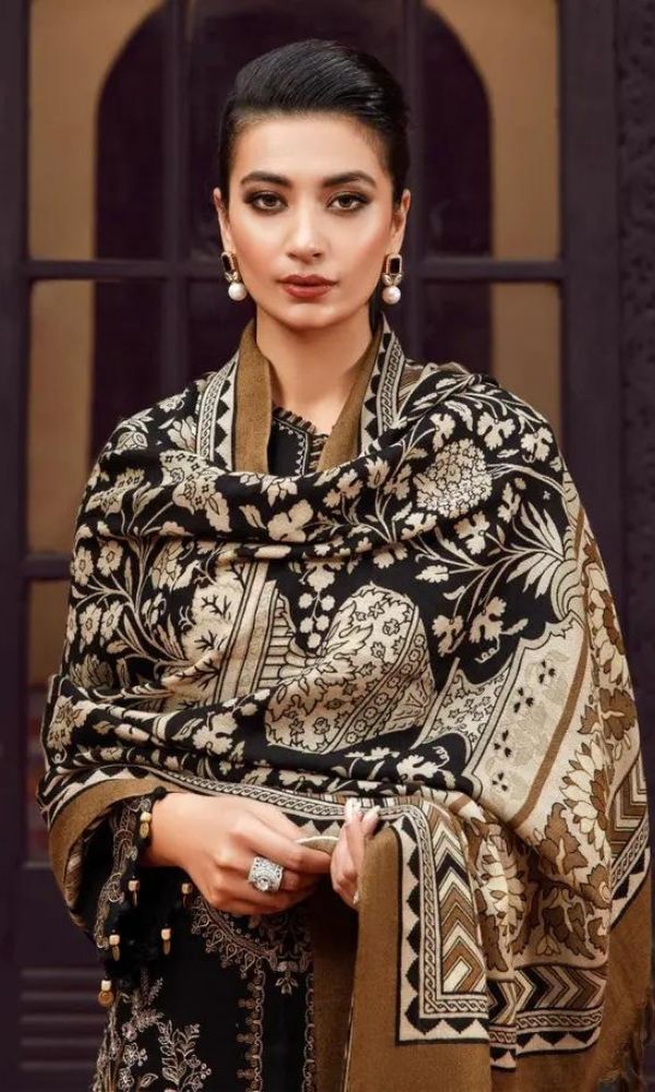 Dhanak 3pc unstitched embroidered suit with printed wool shawl