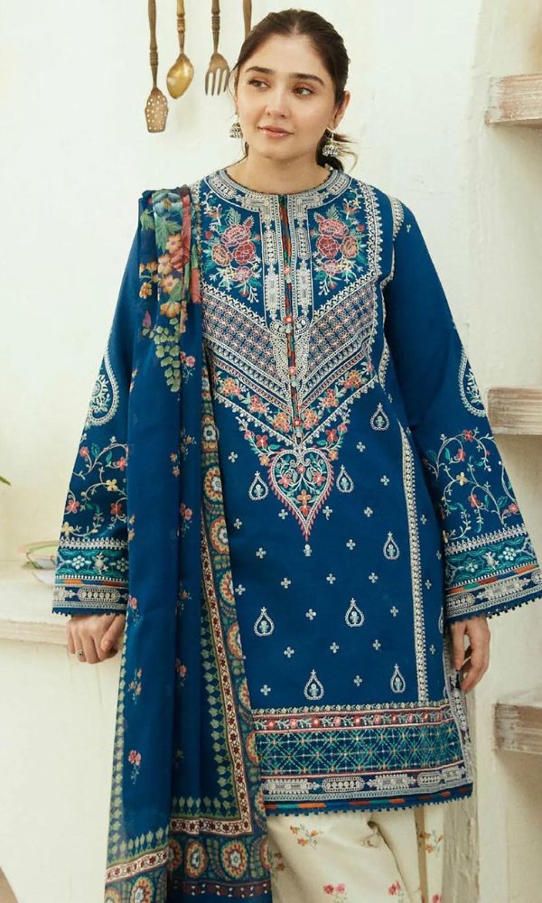 Lawn 3pc heavy embroidery suit with silk printed dupatta and embroidered trouser