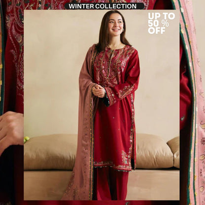 Dhanak 3pc unstitched heavy embroidered suit with embroidered shawl