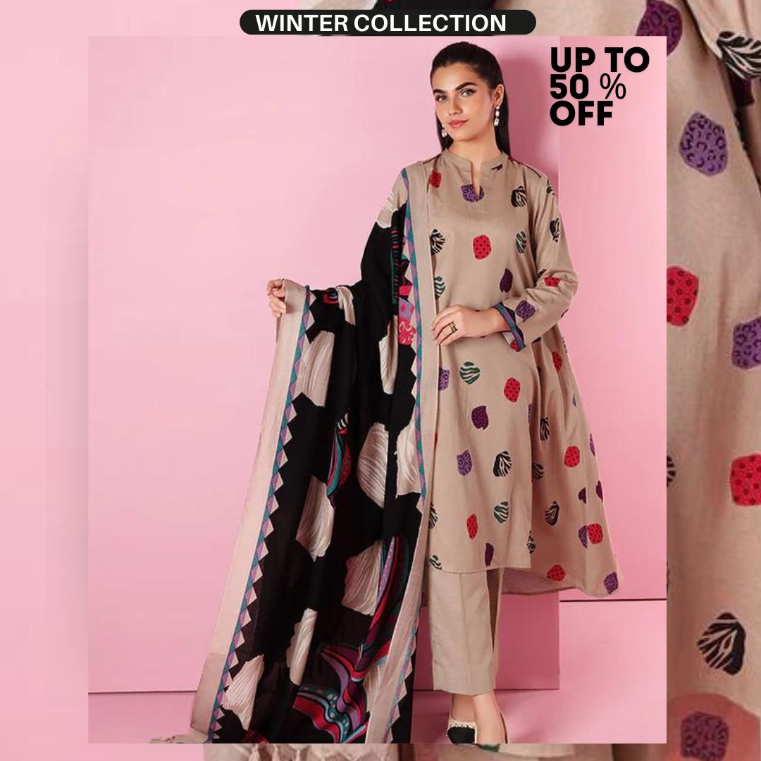 Dhanak 3pc unstitched embroidered shirt with printed wool shawl