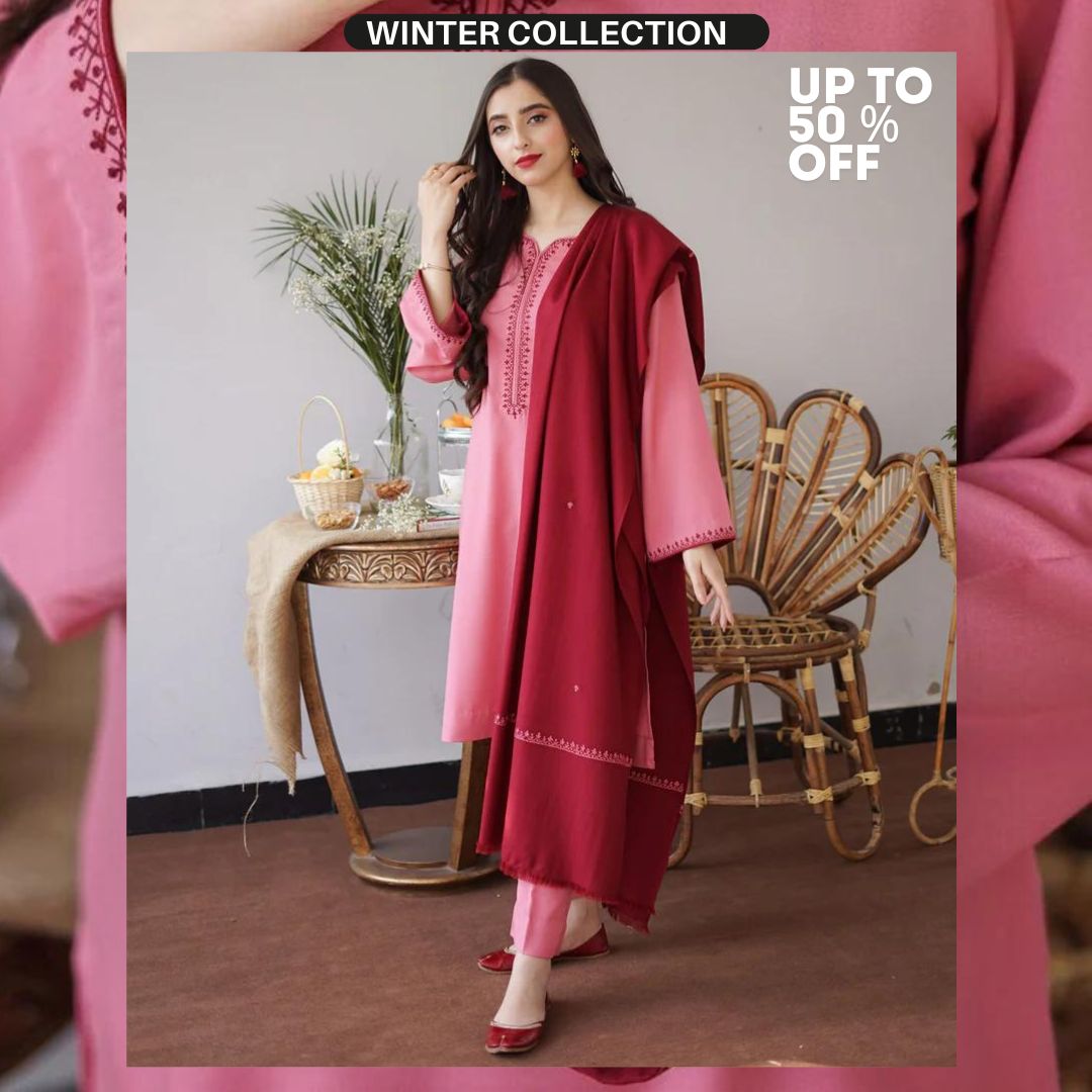 Dhanak 3pc unstitched suit with same embroidered shawl