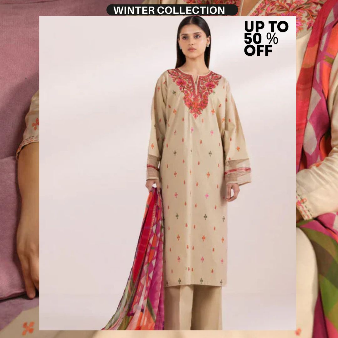 Dhanak 3pc unstitched fully embroidered suit with digital printed wool shawl