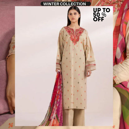 Dhanak 3pc unstitched fully embroidered suit with digital printed wool shawl