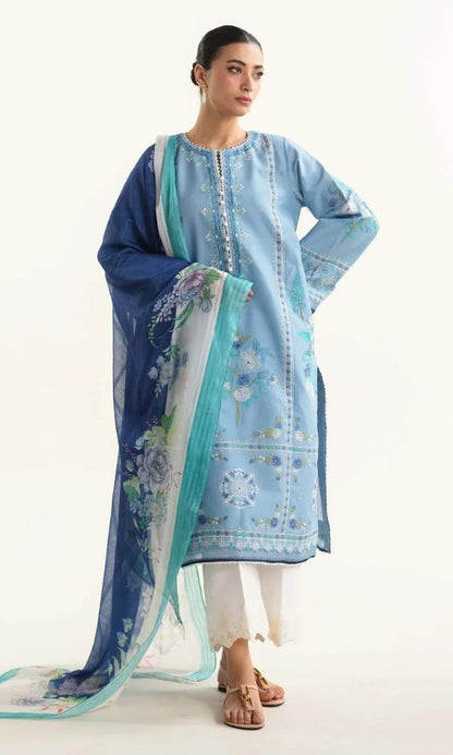 Dhanak 3pc embroidered suit with silk organza dupatta with patches